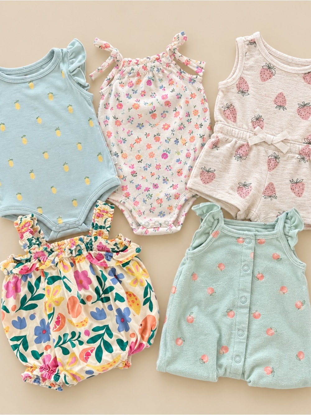 Carters Baby Girls Floral & Fruit Print Romper Set - Pastel Mix